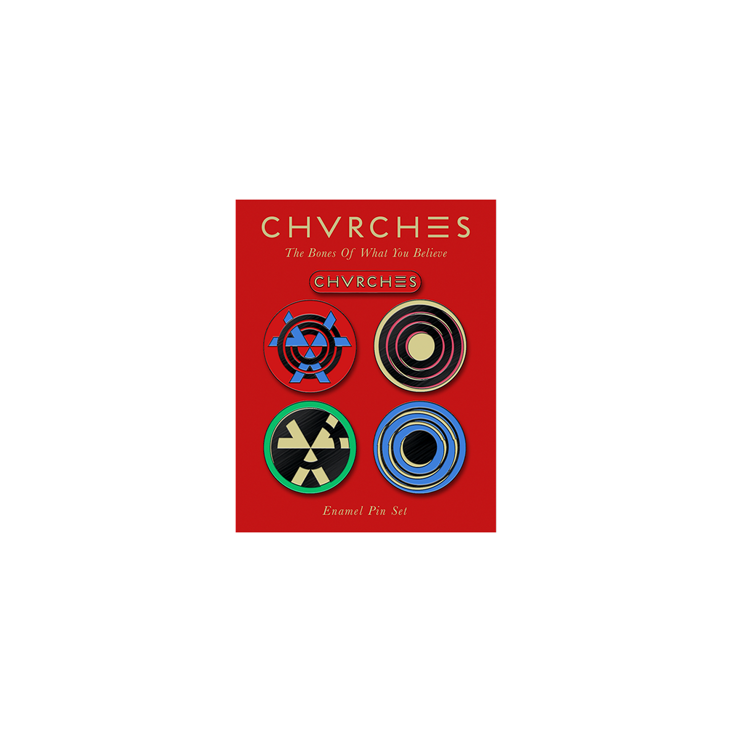 Official CHVRCHES Merchandise. Full color, 5 piece enamel pin set featuring art from The Bones of What You Believe album cover.