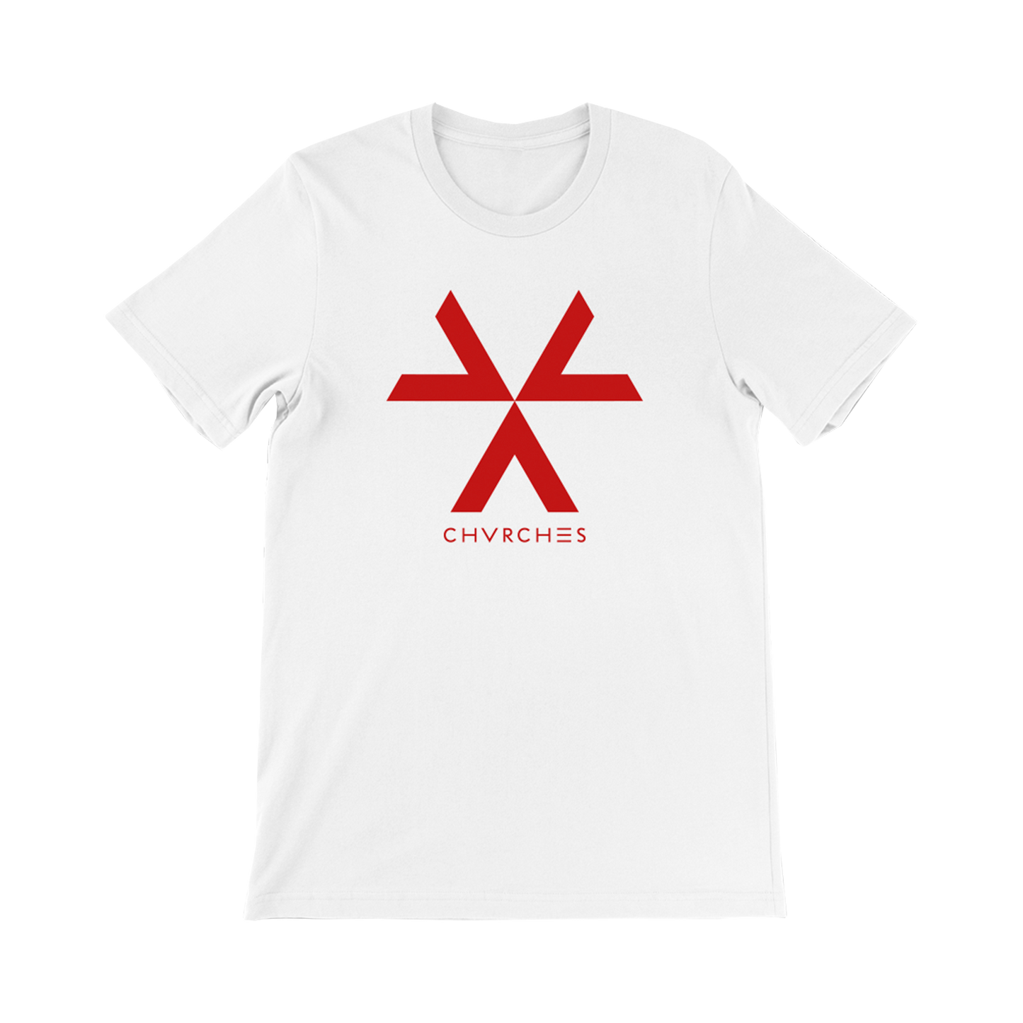 Official CHVRCHES Merchandise. 100% white cotton unisex t-shirt with a retail fit featuring The Bones of What You Believe triangle logo in red.