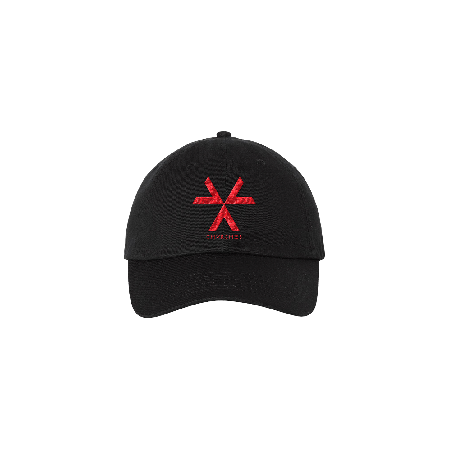 Official CHVRCHES Merchandise. Black low profile classic dad hat featuring The Bones of What You Believe album logo emboirdered in red on the front.