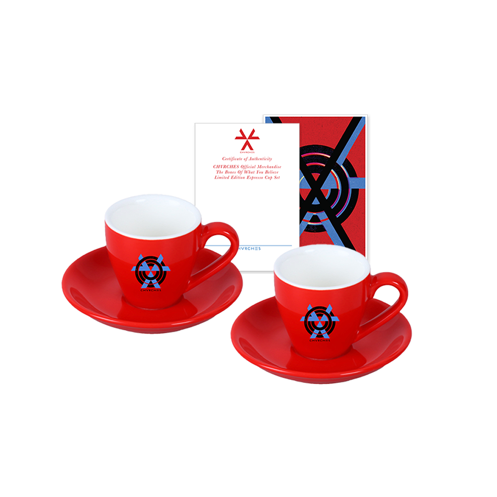 CHVRCHES official merchandise. Set of 2 red ceramic espresso cups and saucers featuring The Bones of What You Believe album art printed on one side of each cup. Set is packaged in a custom printed box.