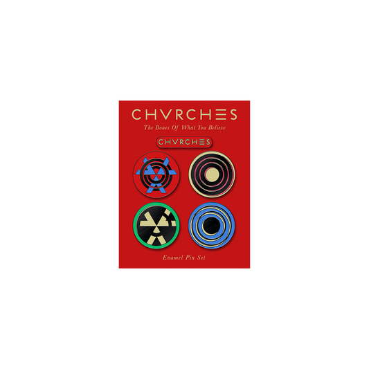 Official CHVRCHES Merchandise. Full color, 5 piece enamel pin set featuring art from The Bones of What You Believe album cover.