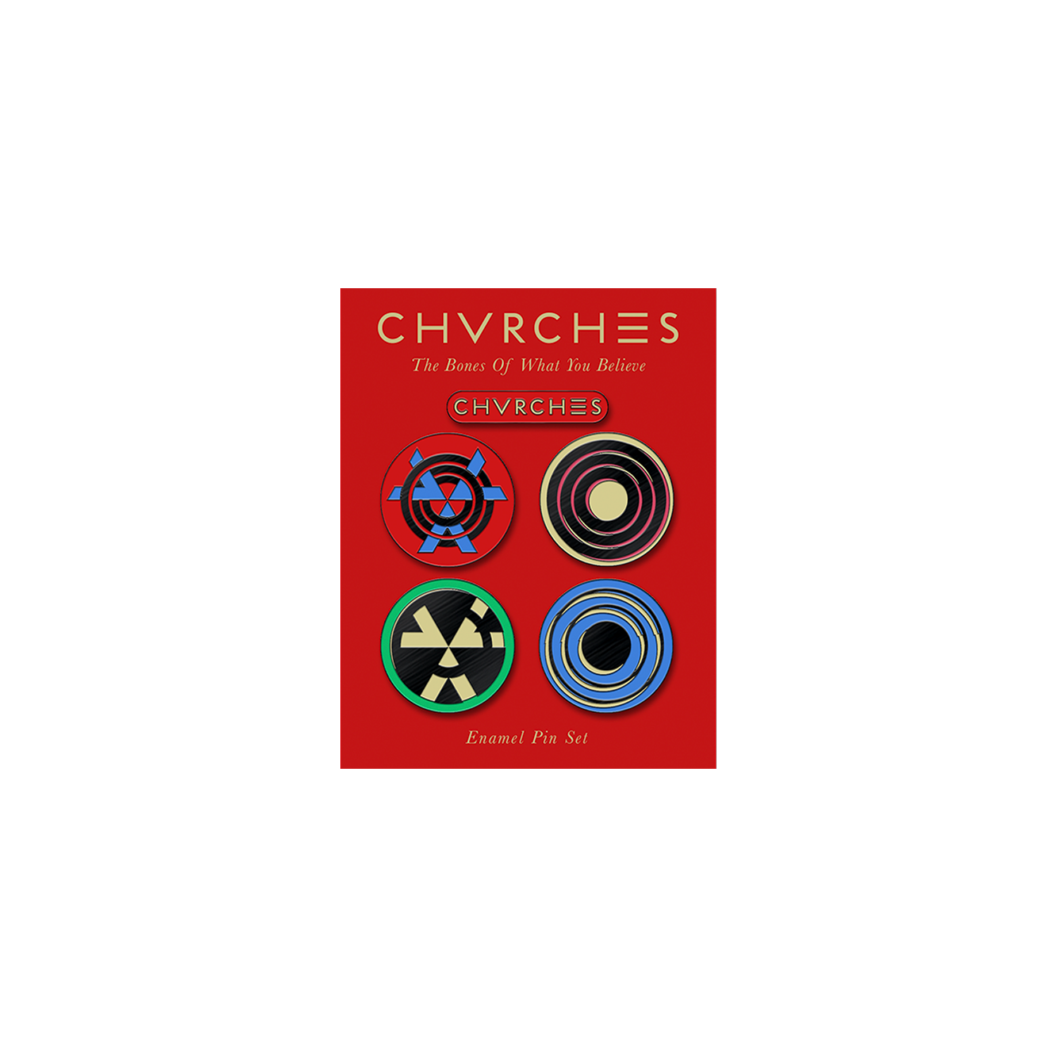 Official CHVRCHES Merchandise. Full color, 5 piece enamel pin set featuring art from The Bones of What You Believe album cover.
