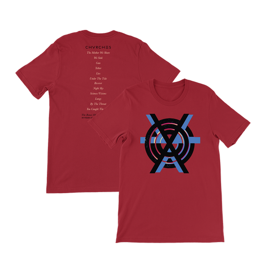 Official CHVRCHES Merchandise. 100% cotton, maroon unisex t-shirt with a retail fit featuring The Bones of What You Believe 10 year anniversary album art on the front and the original album tracklist on the back.