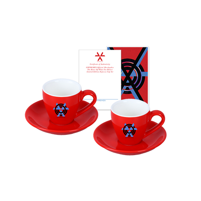 CHVRCHES official merchandise. Set of 2 red ceramic espresso cups and saucers featuring The Bones of What You Believe album art printed on one side of each cup. Set is packaged in a custom printed box.