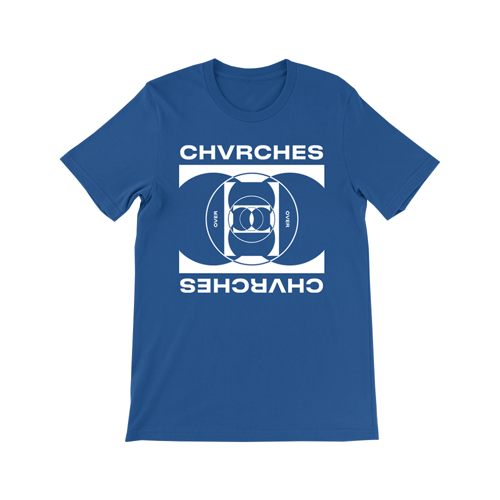 Official CHVRCHES Merchandise. 100% blue cotton t-shirt with the OVER single artwork and the CHVRCHES logo printed on the front.