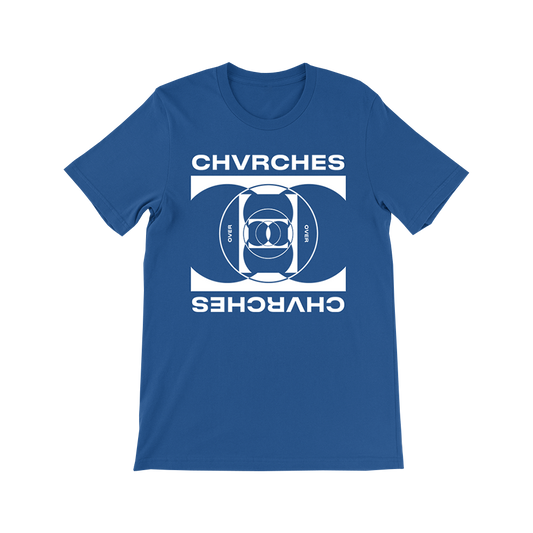 Official CHVRCHES Merchandise. 100% blue cotton t-shirt with the OVER single artwork and the CHVRCHES logo printed on the front.