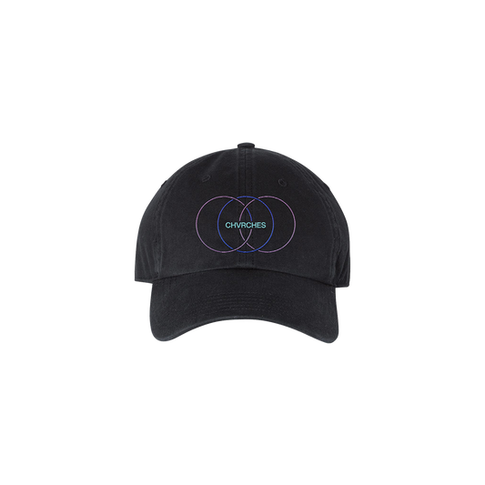Official CHVRCHES Merchandise Black twill baseball cap with the CHVRCHES blue, purple and teal circle logo embroidered on the front of the hat.